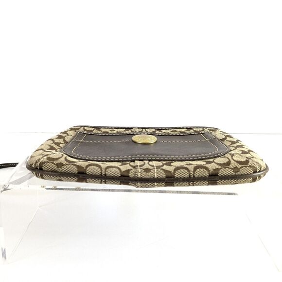 Coach Brown and Tan Leather Canvas Signature C Logo Jacquard Wristlet - Picture 4 of 9